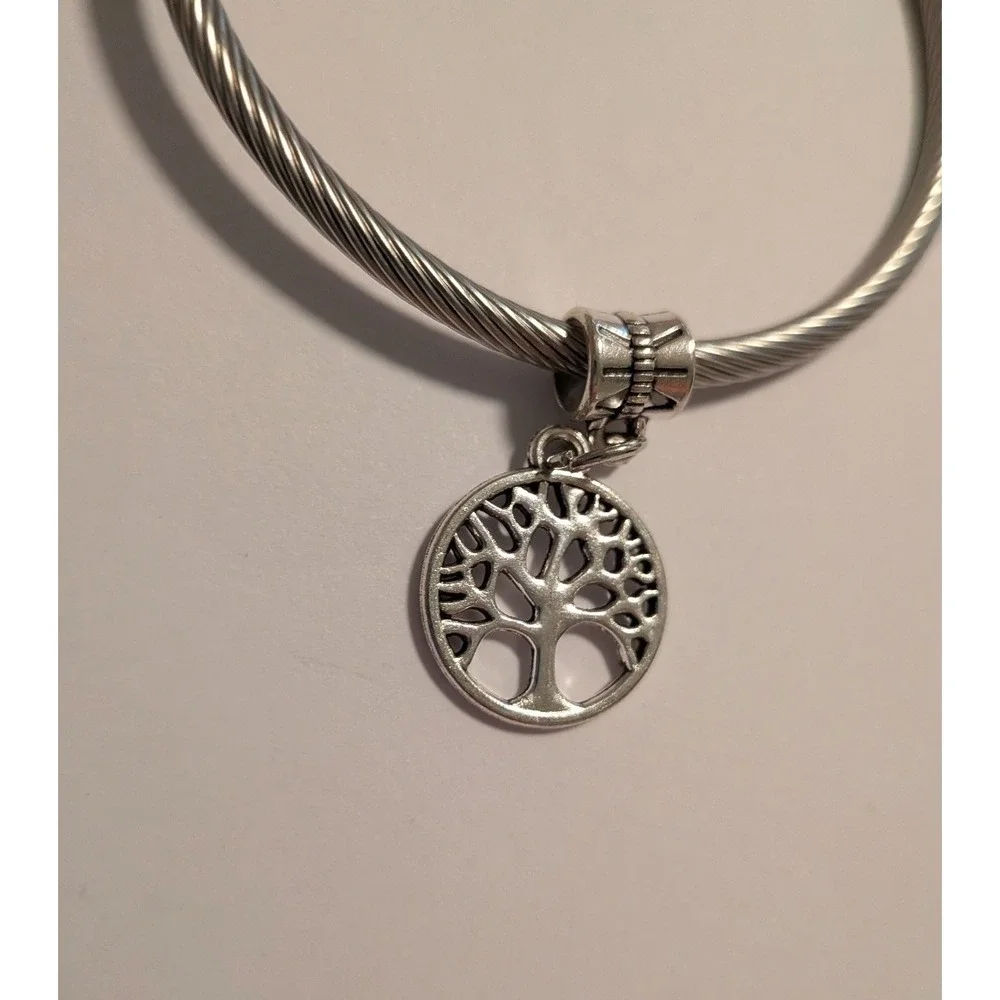Tree of Life Silver Tone Cable Wire Bangle Bracelet Twisted Metal Jewelry Womens